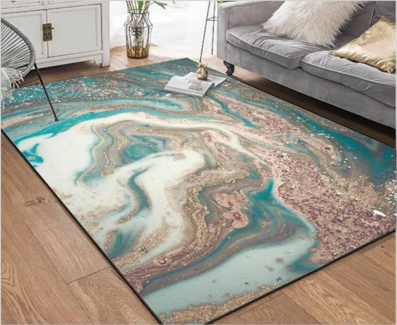 Aovoll Carpet Bedroom Fashion Modern Abstract Living Room Marble Blue Hold Gold Bedroom Rugsリビングルームキッチンマット3191004