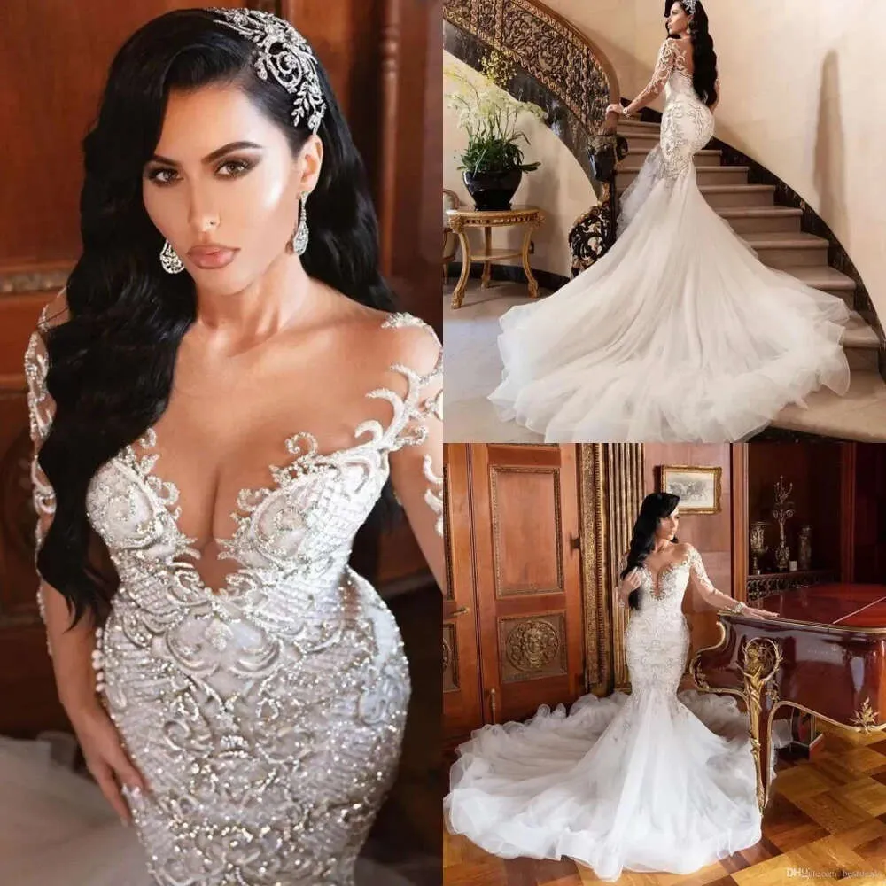 Arabische Meerjungfrau luxuriöse Brautkleider Dubai Sparkly Kristalle Langarmes Brautkleider Court Zug Tüllrock Robe de Bc