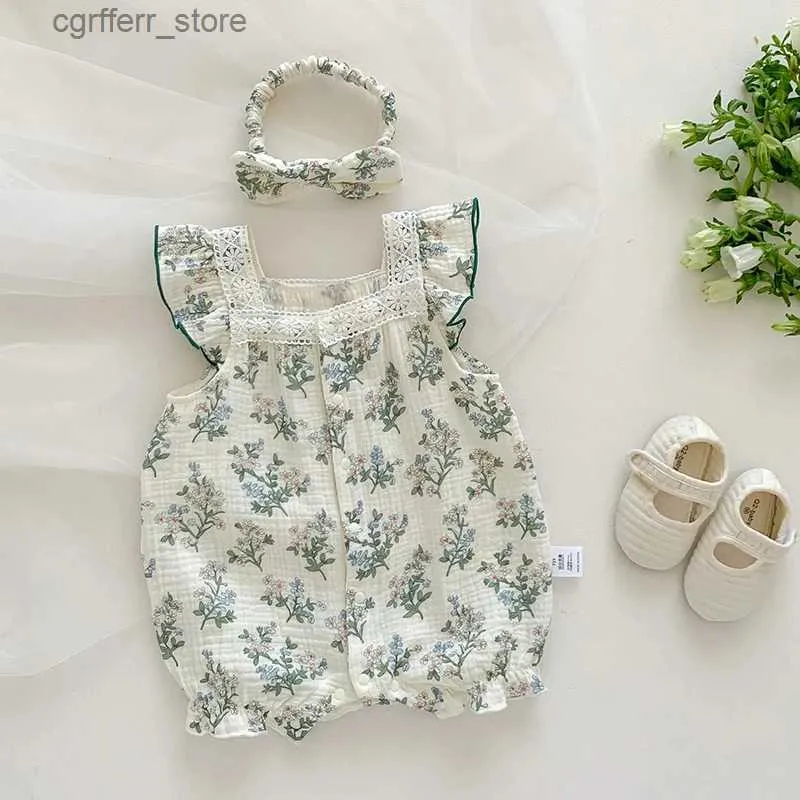 Rompers Milancel New Summer Baby Girls Rompers Toddler Toddler Sweet Green Floral Jumps Coix Hairband Nantwear Outwear Tenues L410