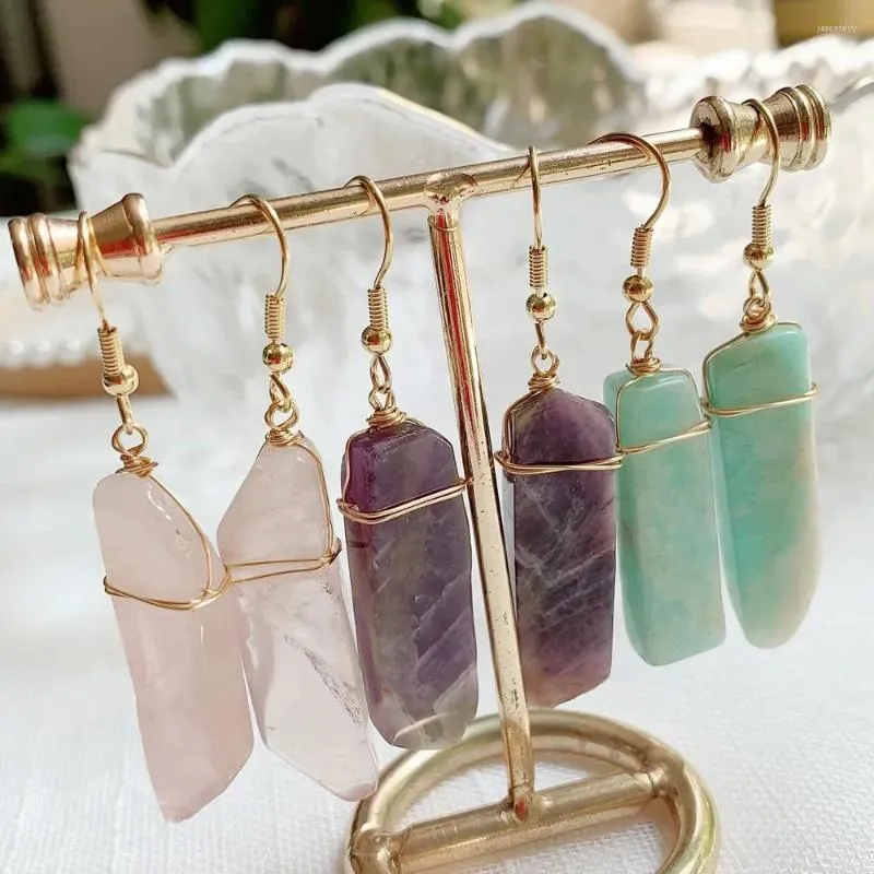 Boucles d'oreilles en peluche guérison de la pierre naturelle irrégulière barre rectangle long palissade de gland lapis roses quartz en cristal en cristal goudronne