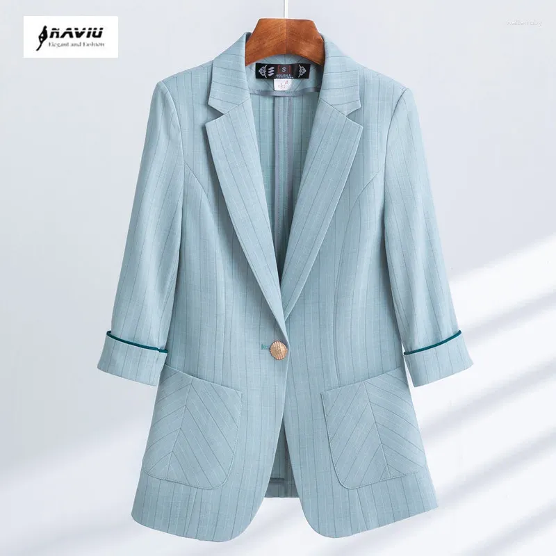 Trajes para mujeres Jaqueta de traje para mujer naviu 2024 rayas azules blazer liviano delgada media manga verano mujer oficina de ropa dama tops