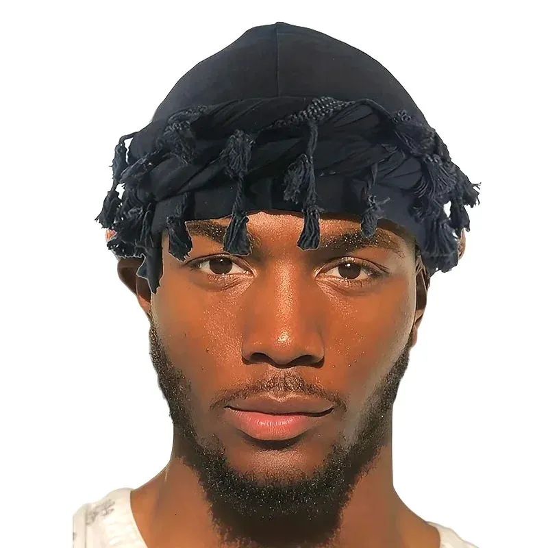 Vintage Twist Head Wraps Durag mit Quasten -Mens Hip Hop Pullover Hut Turban für Männer Haarwickel Twisted Tail Cap 240416