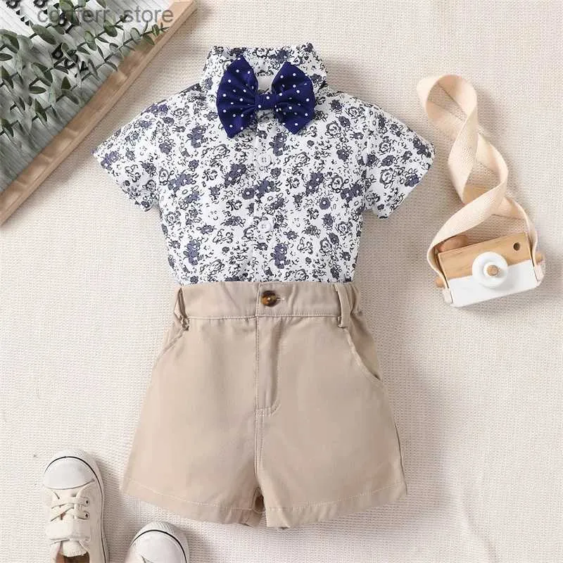 Rompers Słuchaj Intend 0-3y Baby Boys Dżentelmen Outtat Summer Floral Print Krótkie rękawowe kombinezon z muszką i swobodnymi szortami L410