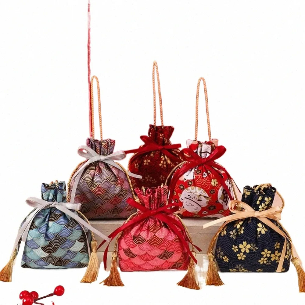 lucky Cat Canvas Fr Drawstring Bag Satin Bow Stripe Ribb Bow Wrist Bag Korean Style Jewerly Packing Bag Festive Sugar R8Li#