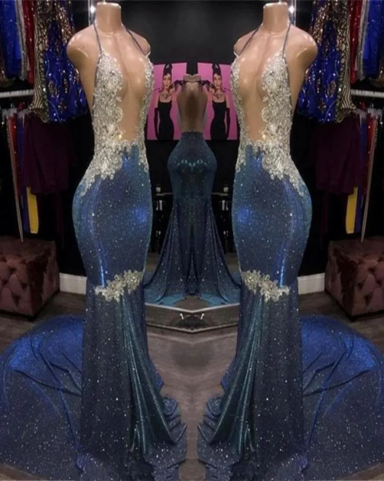 Robes de bal de sirène à paillettes à paillettes bleu brillantes