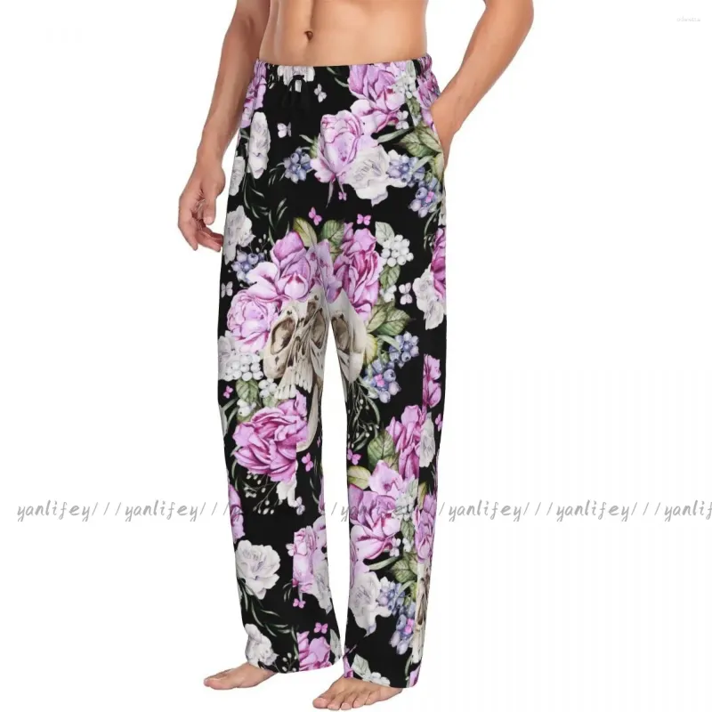 Ropa de dormir para hombres Pajama casual Pantalones para dormir Skull and Peony Roses Lounge pantalones sueltos