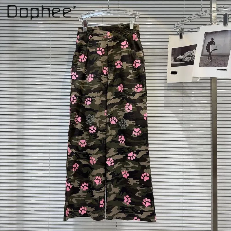 Pantalon pour femmes camouflage décontracté salopettes féminines 2024 Été lâche fille haute taille rose ours imprimé pantalon pour femmes