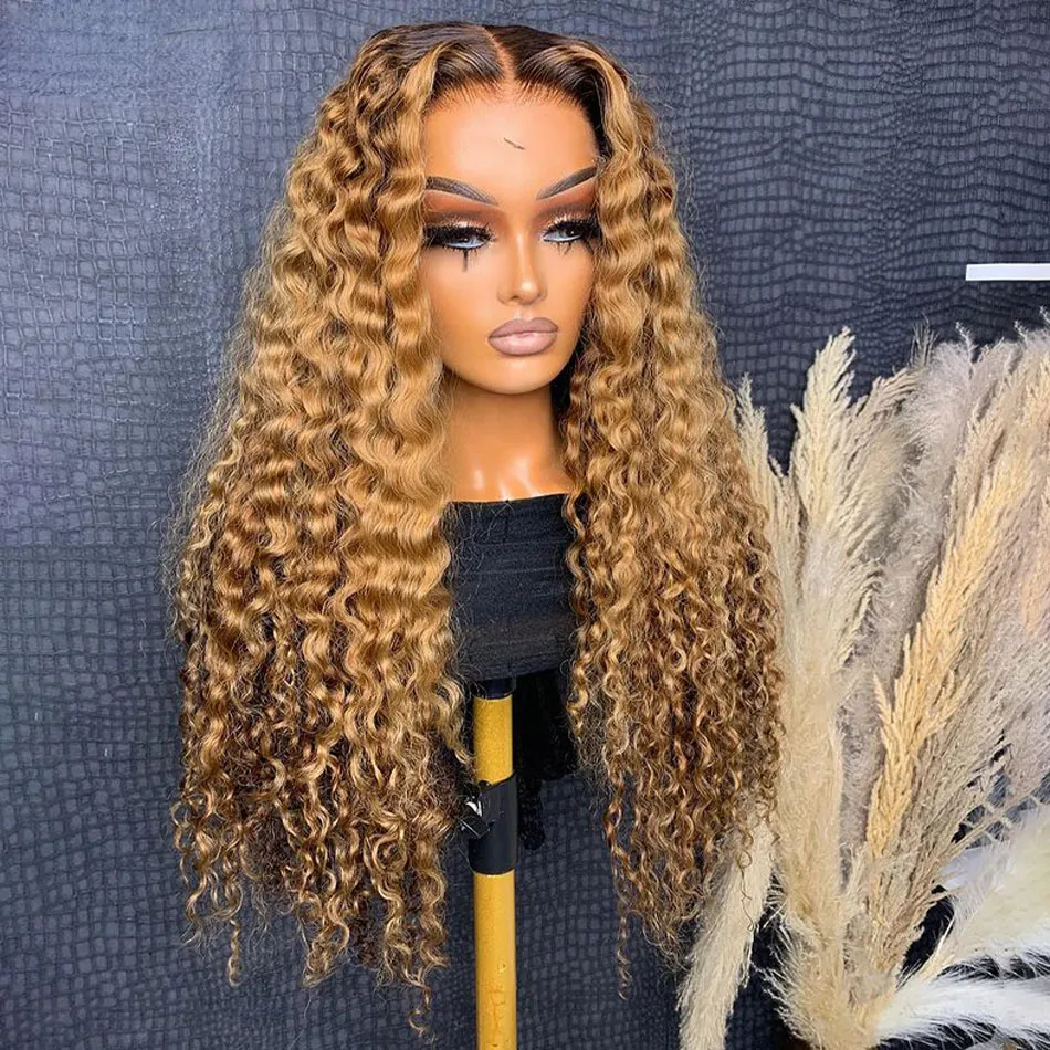 180densität Ombre Blonde Kinky Curly Spitze vorne Perücken Gläublos hd transparent 13x4 Spitze Frontalperücken vorgezogene farbige synthetische Perücken