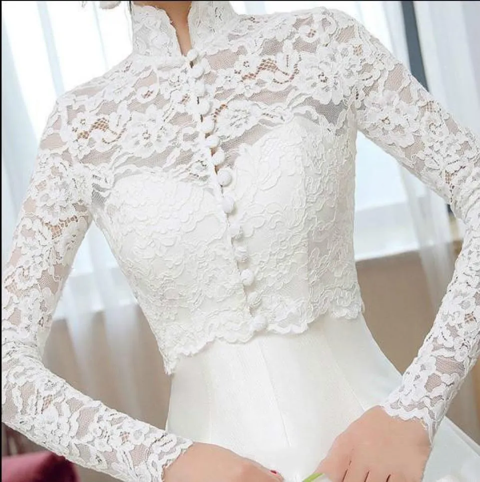 Solovedress Lace Appliques Long Sleeves Bridal Wedding Jacket Shawl Bolero Wraps High Neck Vintage Bride Wraps Wedding Dress Acces1363824