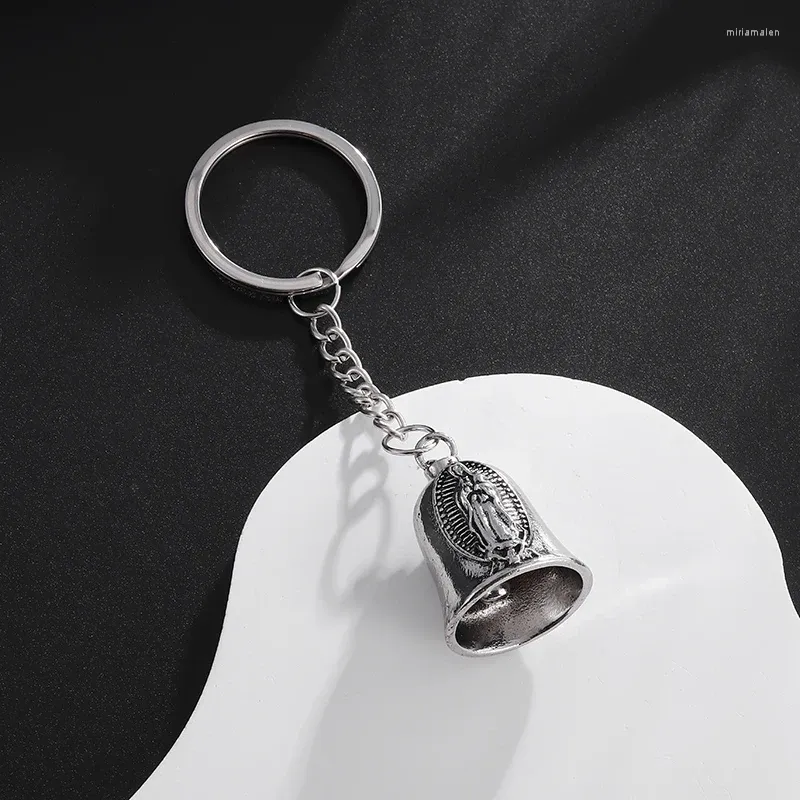 Keychains Retro Catholic Virgin Mary Motorcycle Bell Keychain Men's Riding Lucky Amulet Ornament