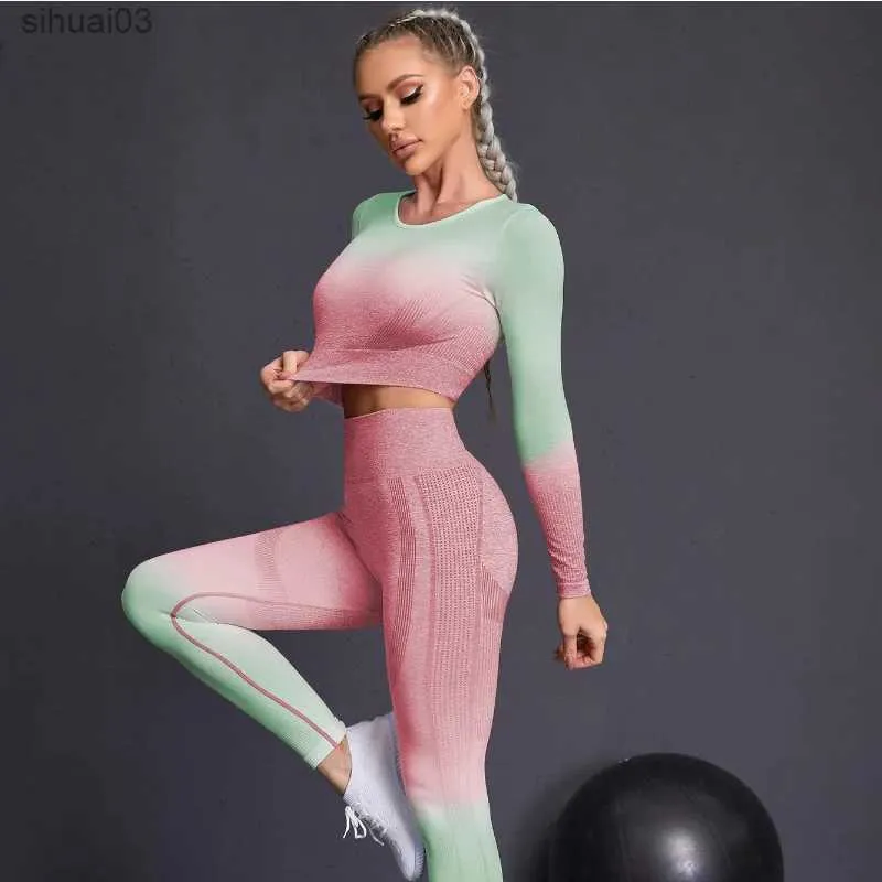 Les survêtements féminins de yoga sans couture sets sports fitnes high taille hanche relevé pantalon à manches longues