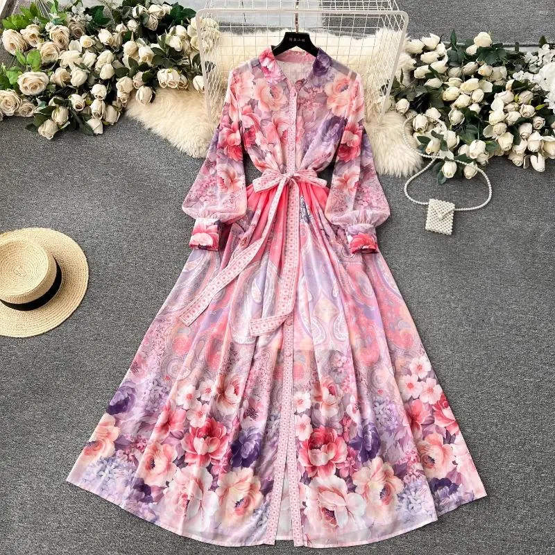 Vestidos casuais férias de verão Flor Flor Flower Chiffon Feminino Turn Down Neck Lantern Sleeve Belt Floral Print Long Robe Vestidos 2043