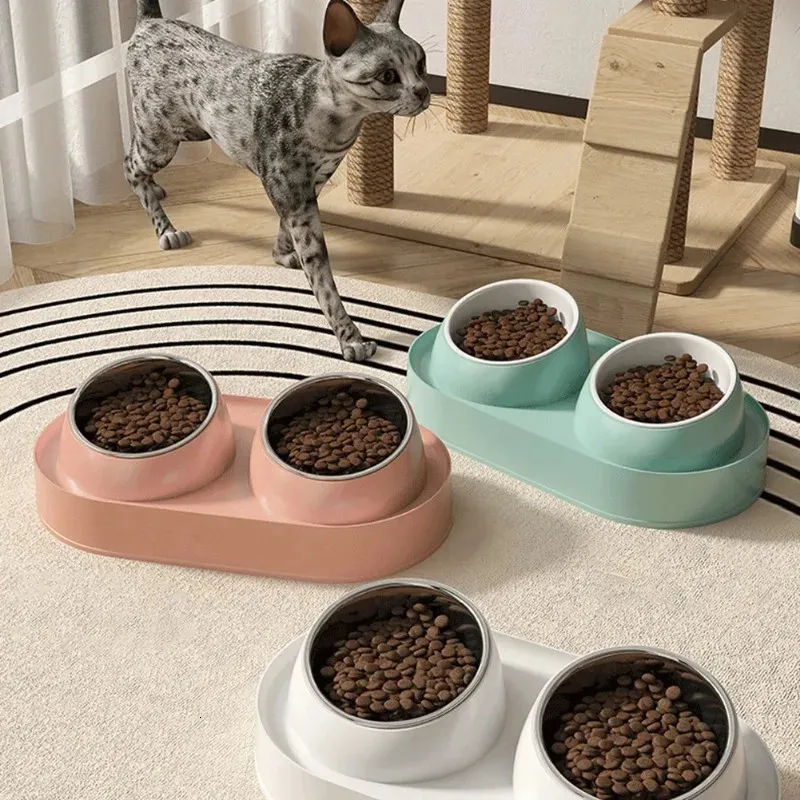 Elevated Cat Bowls 10° Tilted Anti-Overturning Neck Protection Anti Vomiting Stainless Steel Double Dog Bowl Pet Feeding Station 240407