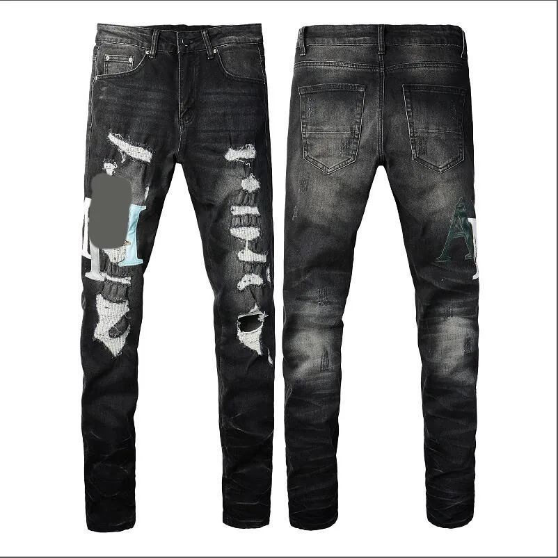 Мужские джинсы высококачественной буквы, дизайнер логотипа, джинсовые штаны, модные отверстия хип-хоп-стрит Брюки Размер 28-40#120
