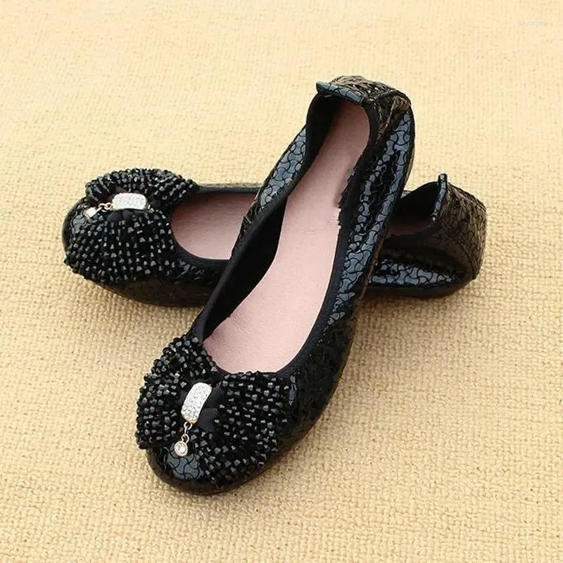 Casual Shoes Large Size Soft Bottom Work Women's Rhinestone Bow Single Low Heel Cowhide Leather Dance