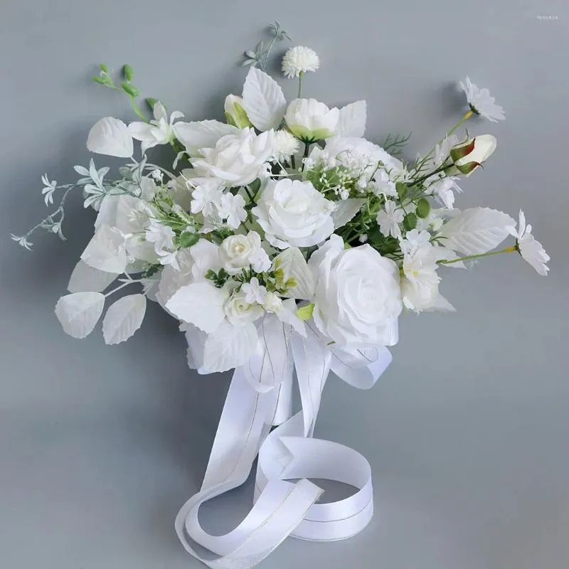 Wedding Flowers White Bouquet Bride Bridesmaid Holding Silk Ribbon Roses Artificial Flower Mariage Accessories