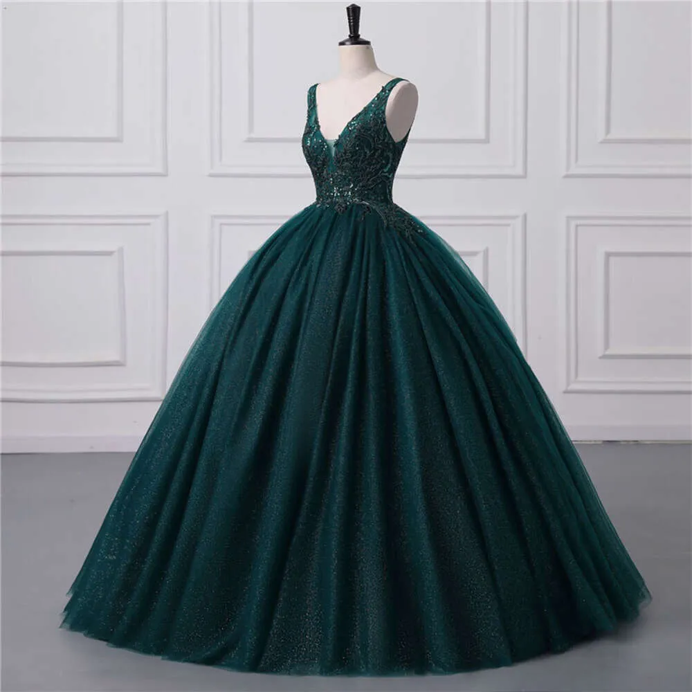 Grün glänzender dunkler Pailletten -Tüll Quinceanera Kleider sexy Rückenless V Hals Ballkleid Abend Promkleider mit Korsett Rücken BM S