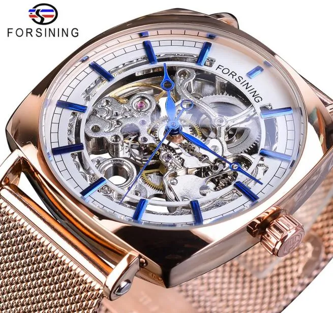 Forsining Rose Gold Mechanical Men Wristwatch Creative Square Transparent Business Steel Mesh Band Sports Automatic Watches Gift9044996