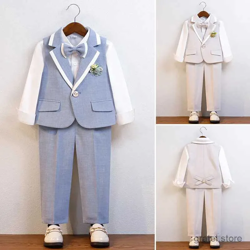 Suits Boys Vest Pants Bowtie Ceremony Costume Children Wedding Party Dress School Kids Summer Blue Gary Birthday Photography Suit