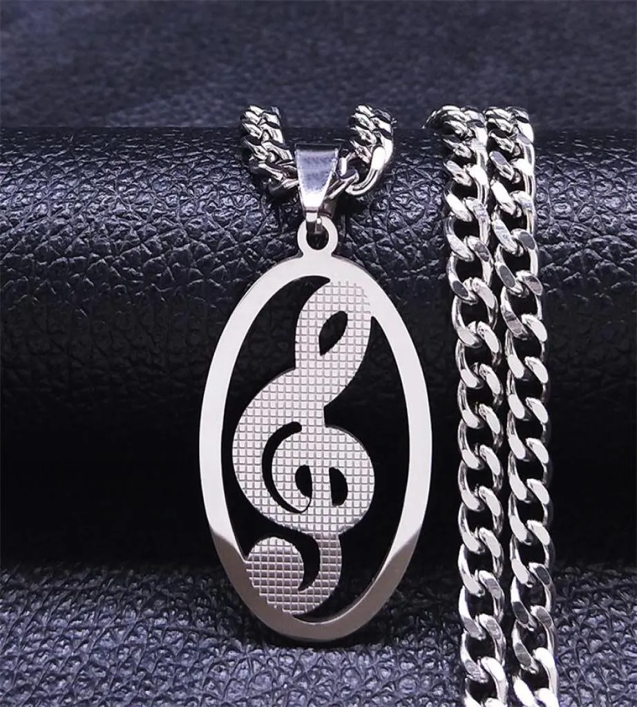 Pendant Necklaces Music Notes Stainless Steel Necklace WomenMen Silver Color Chain Oval Jewelry Chaine Acier Inoxydable N4277S06P6643464