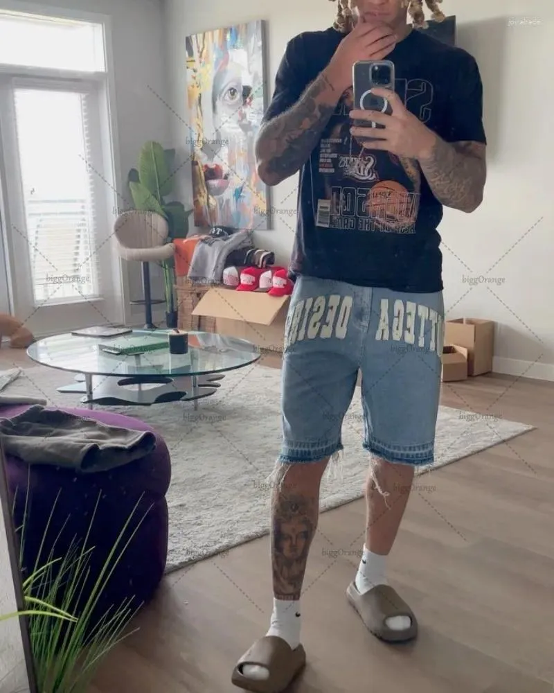 Heren jeans street Harajuku mode Amerikaanse retro brief geborduurde denim shorts high boys casual losse rechte broek mannen