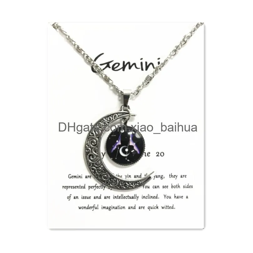 Colliers pendants Night Glow Retro Moon12 Constellation Zodiac Sign Collier Horoscope Jewelry Galaxy Libra Astrology Gift with Retail Otkrx