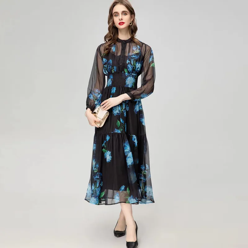 Women's Runway Dresses O Neck Long Sleeves Elastic Waist Printed Floral Fashion High Street Designer Mid Vestidos