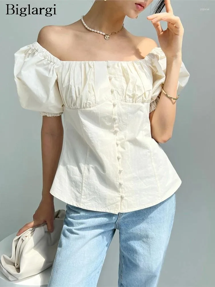 Chemises d'été pour femmes tops Tops Femmes Square Collier plissé Fashion Puff Sleeve Mandoues Sweet Korean Style Femme
