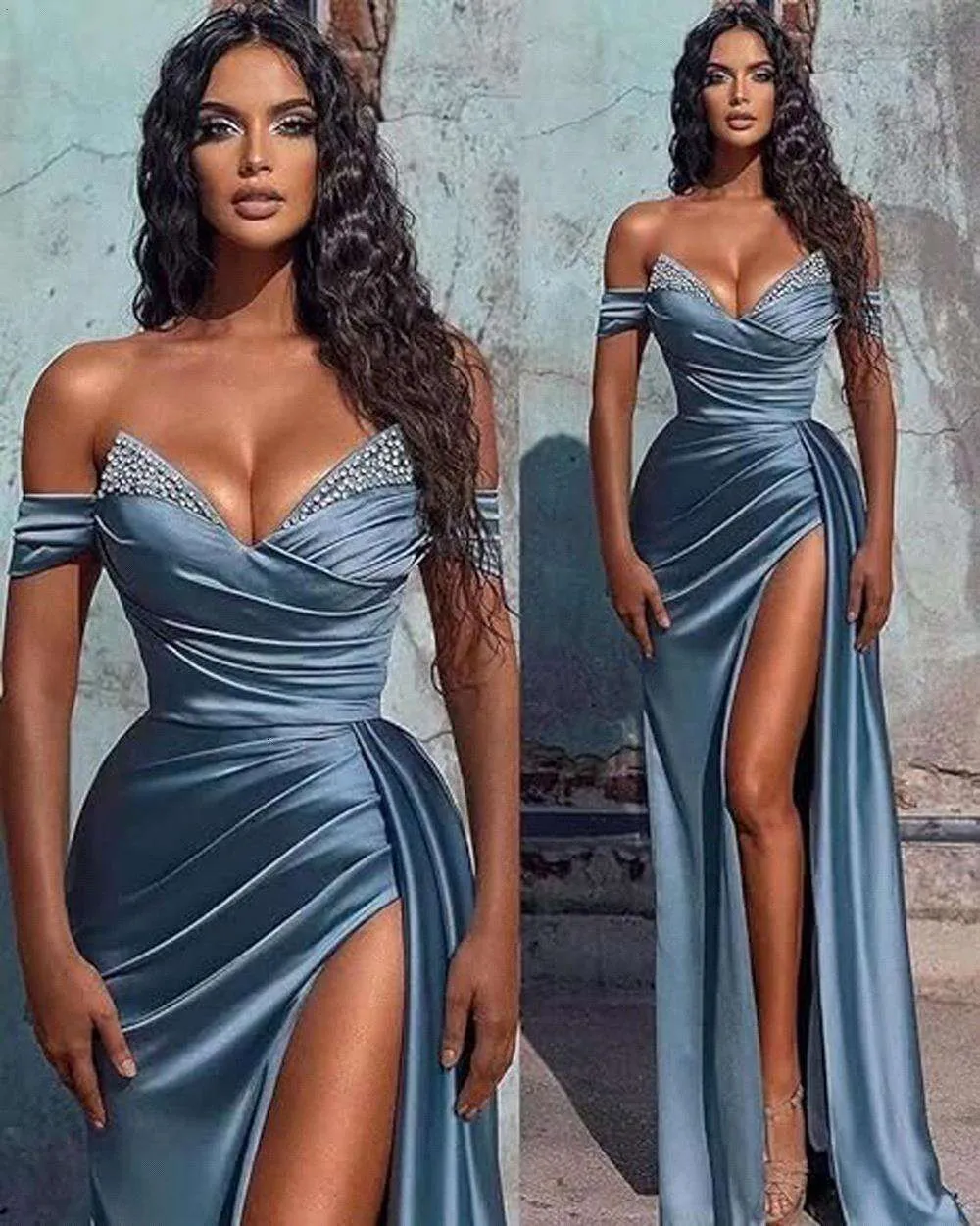 Afrikaans Arabisch Split Blue Sexy A Line Off Schouders Formele avondfeest Prom -jurken Satin Brdemaid Jurken Corset Back BM5000