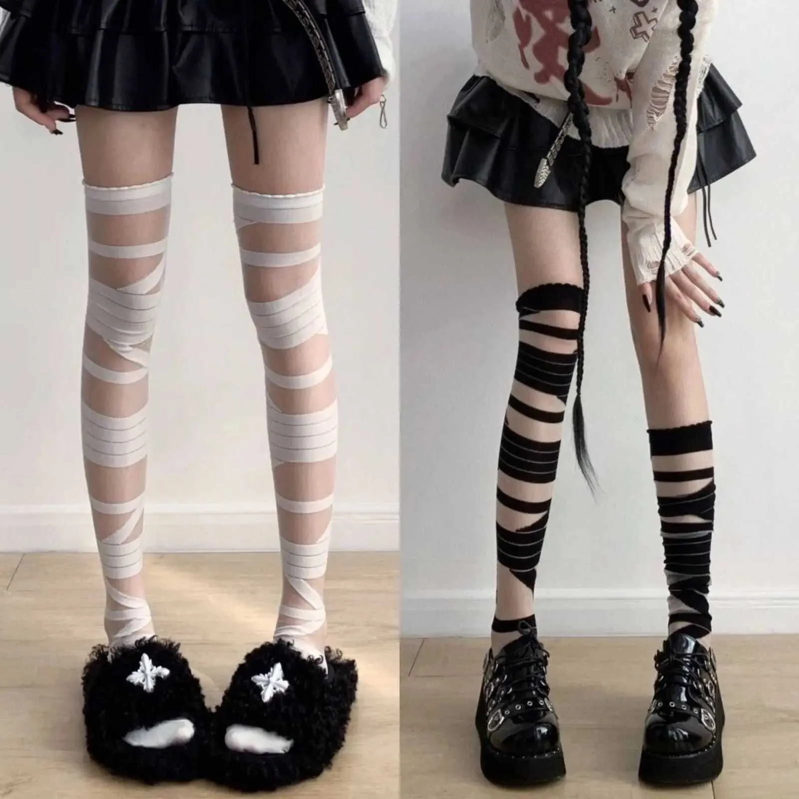 Sexy Socken 1pc Lolita Bandagen Schwarz/Weiß dünn jk gleichmäßige Kreuzgurte lange Knielänge Strümpfe Gothic Frauen Strumpfhosen untere Strumpf 240416