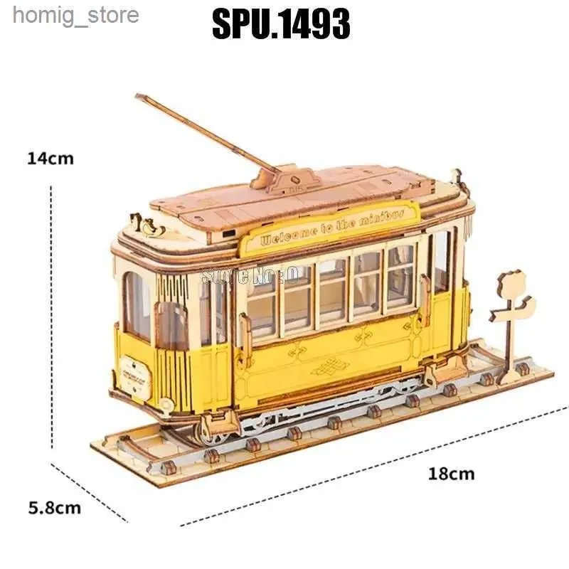 Puzzles 3D Puzzle mécanique vintage rétro tramcar minibus bus diy 3d laser coupe en bois en bois Modèle de puzzle de collecte de bâtiments de construction y240415
