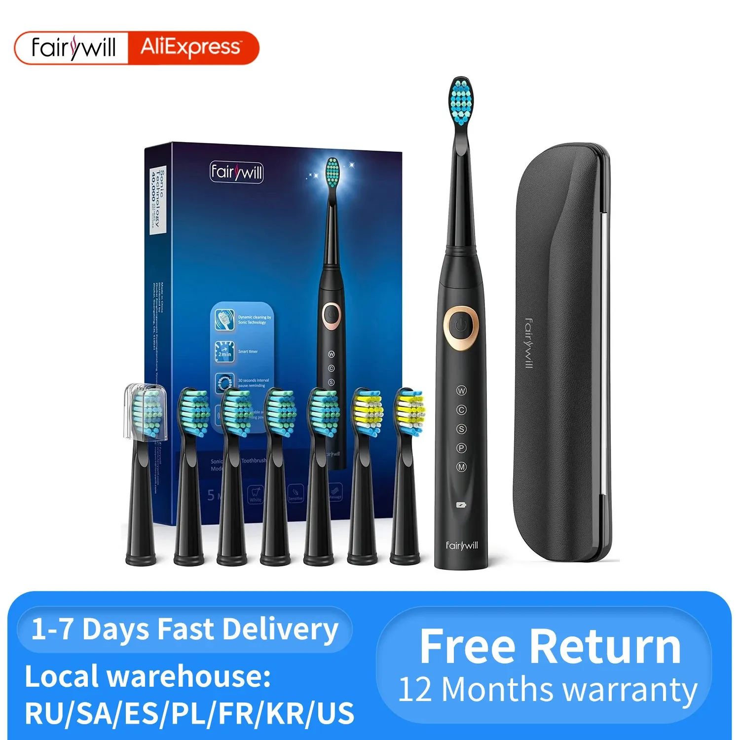 Fairywill FW-508 Sonic Electric Toothbrush Rechargeable Timer Brush 5 Modes Fast Charge Tooth Brush 8 Brush Heads for Adults 240409