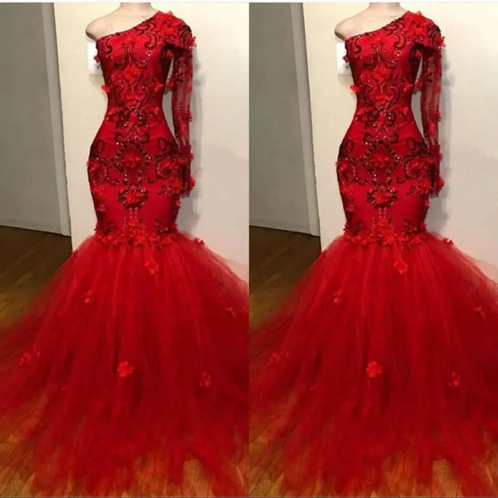 Long Sleeve Red Mermaid Sexy Prom Tulle Lace Ruffle One Shouler Zipper Up Court Train Evening Dresses Pagent Gowns