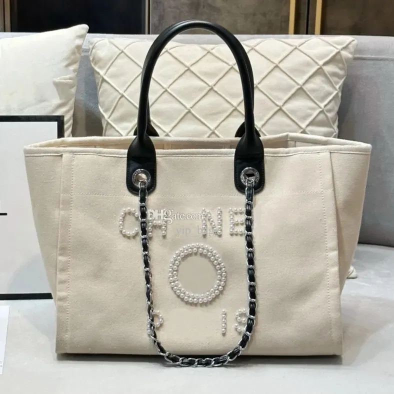 10a Top Lady Designer grote capaciteit boodschappentassen klassieke Deauville Tote Luxe canvas handtassen handtassen Purse Women Travel Crossbody Pearl Chain Emmer Beach Bags