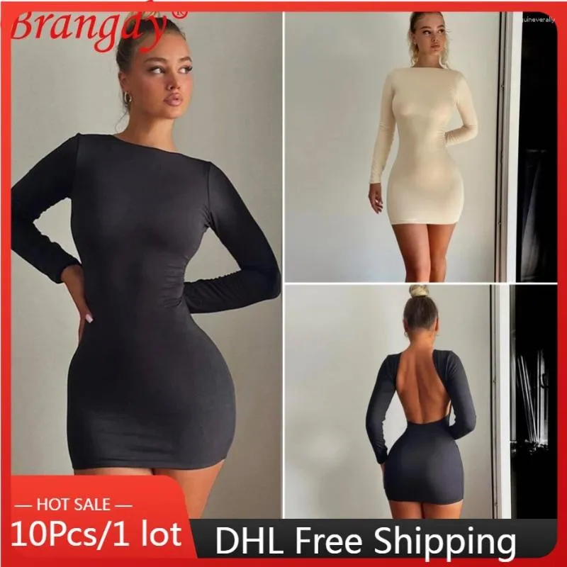 Lässige Kleider 10pcs Bulk Artikel Großhandel Langarm Langarm sexy Hip Wrap für Frauen Rückenless Party Mini Kleid Feste Farbe Slim B13289