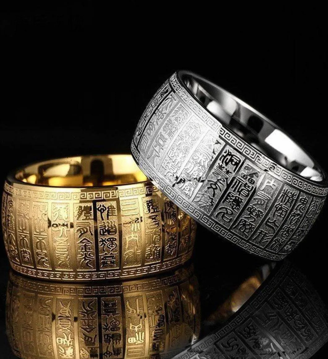 Brede 11 mm gesneden oude Chinese Boeddhisme Schrift Supernatural Mens Signet Rings roestvrijstalen goud en zilveren duimring5403250