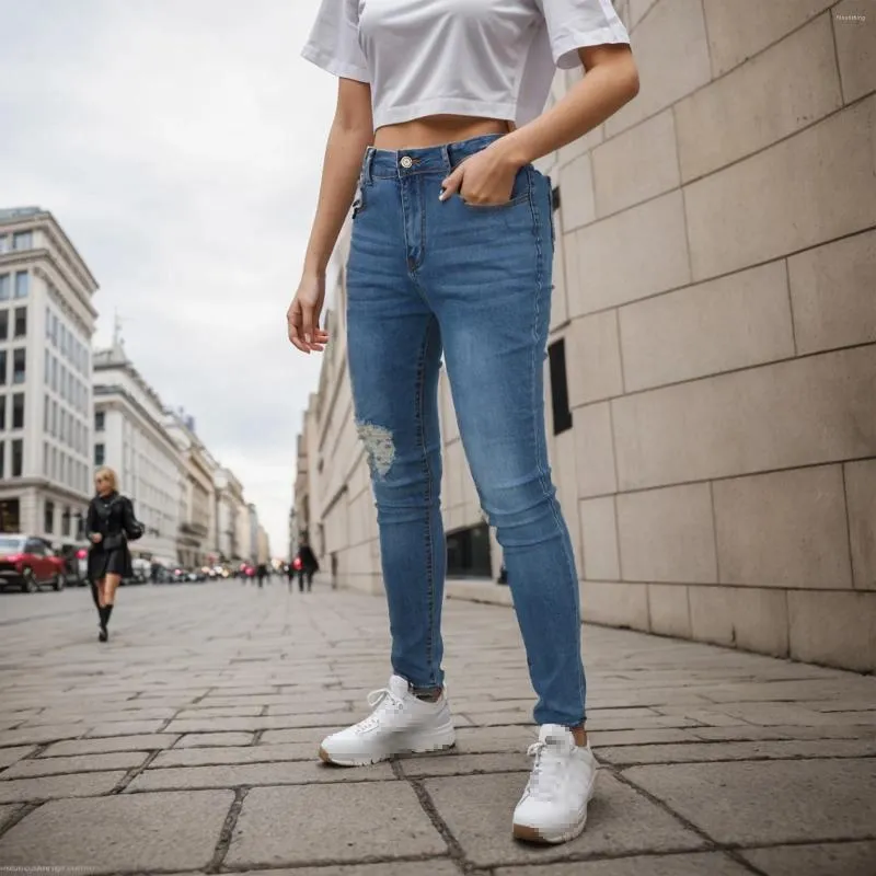 Kvinnors jeans tvättar blå stor storlek för kvinna smala blyertsbyxor knapp full längd kalvhål stretch tröjor kvinnor 2024