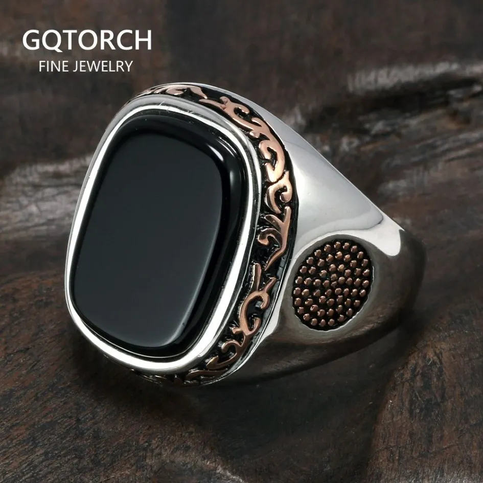 Настоящие чистые мужские кольца Серебряные S925 Ретро винтажные турецкие кольца для мужчин с натуральными черными украшениями из оникса в индейках 10092773