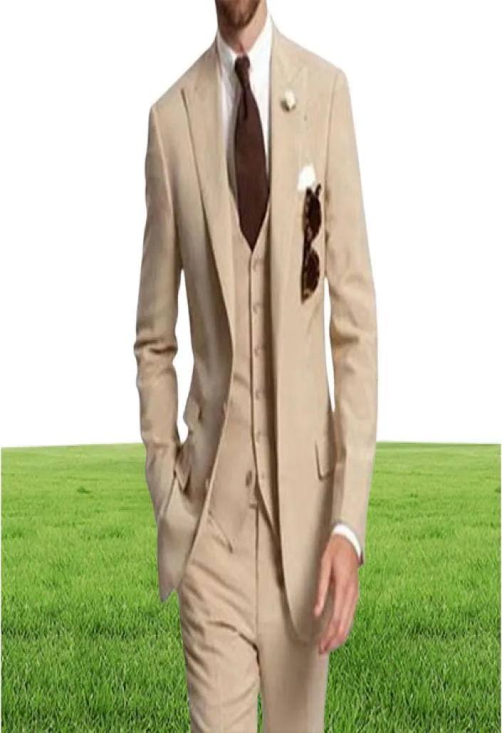 Beige Three Piece Wedding Men Suits for Business Party Peaked Lapel Two Button Custom Made Groom Tuxedos Jacket Pants Vest8918931