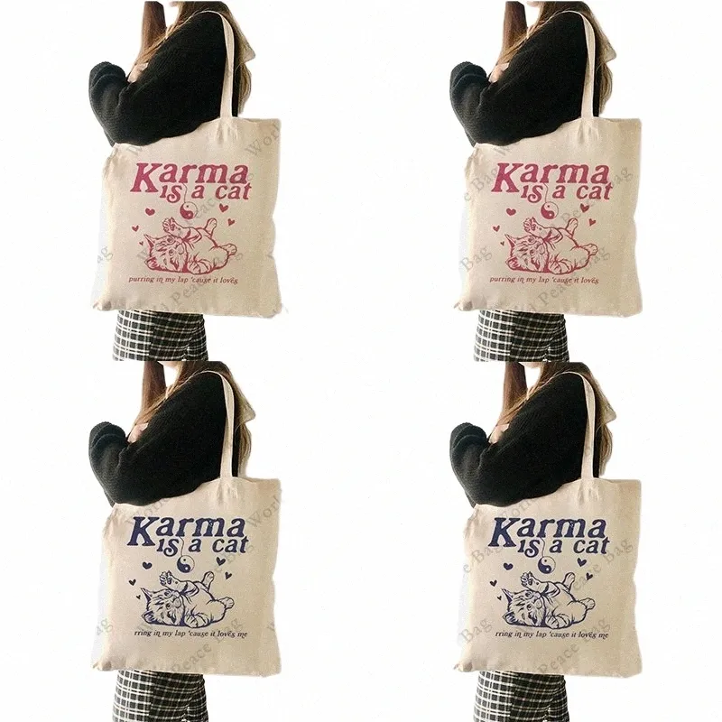 1pc K es un álbum de gato Patrón positivo Patrón de comillas bolsas de lona de bolsas para viajes para viajar Commute Women's Reusable Shop Y1ql#