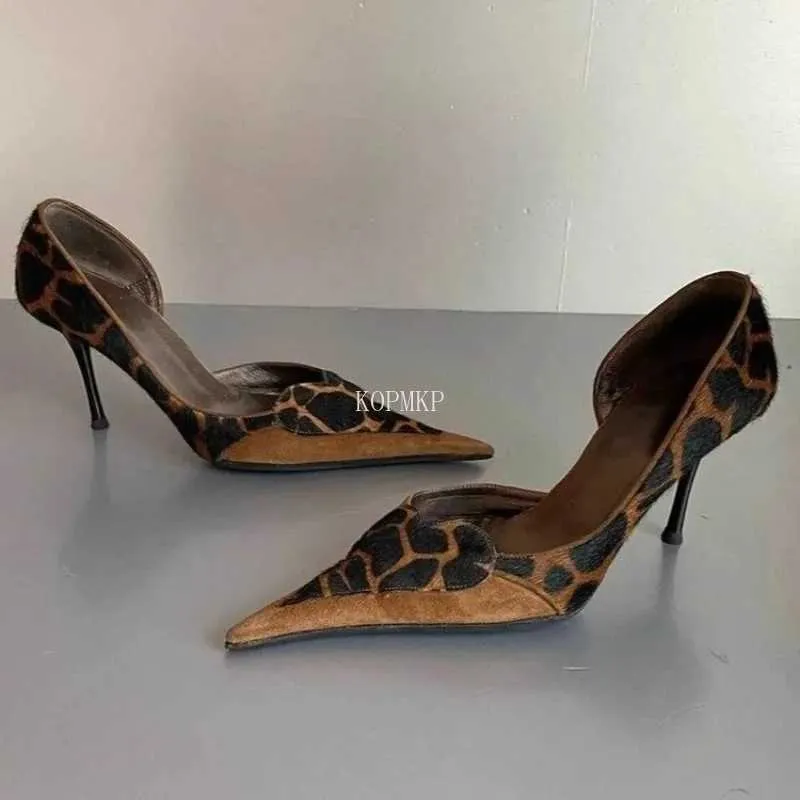 Sandalet seksi leopar desen katır kadınlar ince yüksek topuk pompası sandaletler nokta ayak parti parti ayakkabıları scarpe donna con tacco j240416