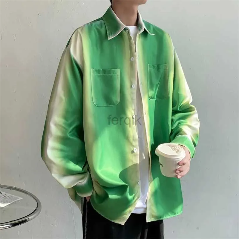 Men's Casual Shirts Green Gradient Mens Shirt Korean Long Sleeved Single Breasted Top Jacket 2024 Summer Fashionable Loose Oversized 24416