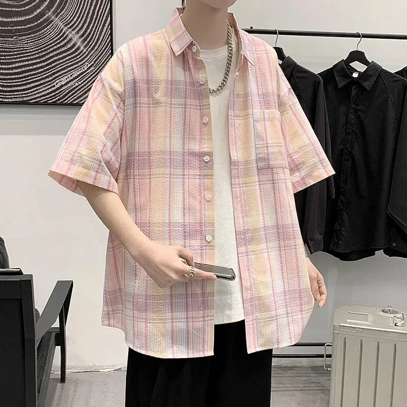 Men's Casual Shirts Explosive Handsome Fashion Loose Plaid Coat Daily Short Sleeve Striped Shirt Youth Feel Clean And Tidy