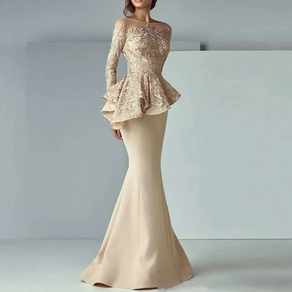 Mermaid Champagne Lace Applique Fruffers Mother of the Bride sukienki długie rękawy formalne suknie wieczorowe