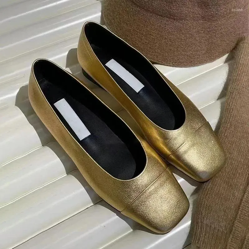 Chaussures décontractées GOLD SAUPLOW FLATES LUXEUR DESIGNE Square Toe Fashion Women Style Slip-On Zapatos Mujer Sexy Chaussure Femme