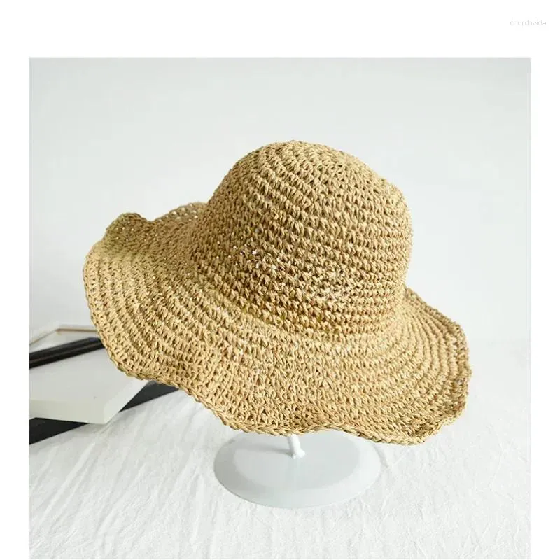 قبعات واسعة الحافة للسيدات القش المنسوجة من القش المنسوجة من أشعة الشمس الموضة لؤلؤة دخن الدانتيل.