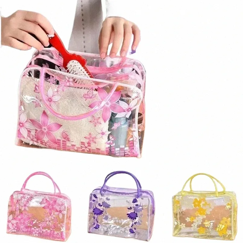 Transparent PVC Makeup Bags Portable Women's Floral Waterproof Cosmetic Bag Travel Wing Toalettety Dusch Storage Pouches F9ug#