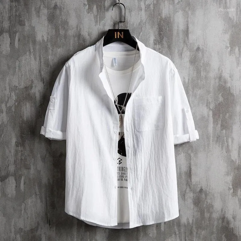 Men's Casual Shirts 2024 Cotton And Linen Thin Short-Sleeved Shirt Summer Stand-up Collar Medium-Sleeve Handsome Solid Color