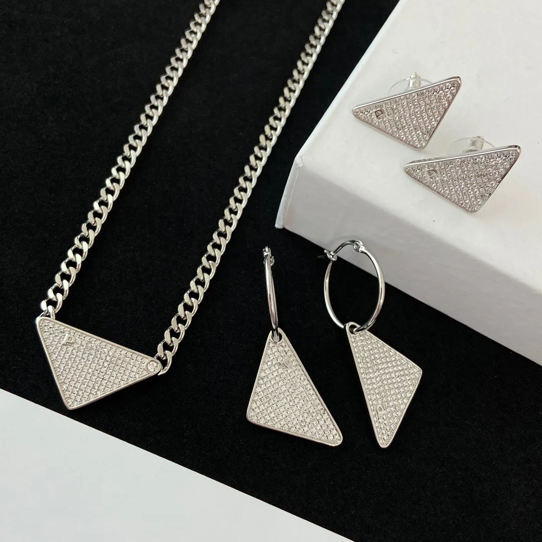 Women Fashion Designer Necklace Earrings Silver Color Triangle Full Diamonds P Letter Necklace Brass Luxury Earrings Trendy Sets