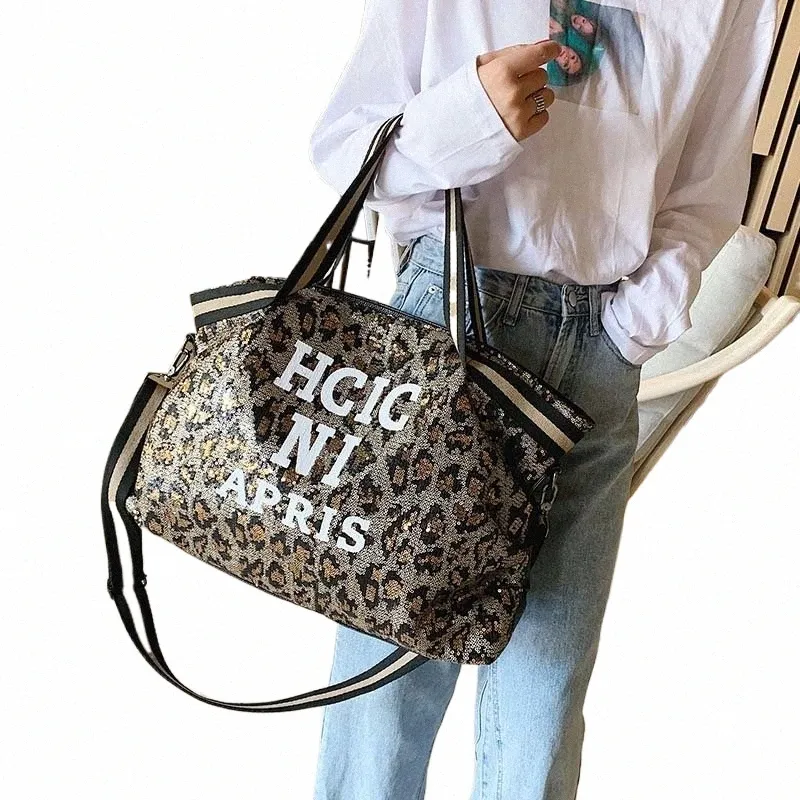 Casual Women Bling paljetter axelväskor stor kapacitet kvinnlig handväska för lady resor stora tote brev tryckta crossbody väskor l4hw#